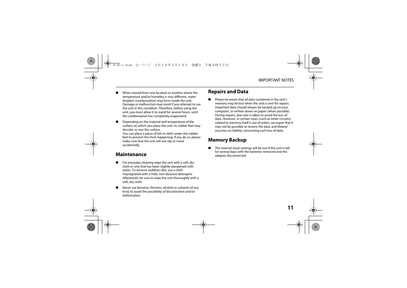 Maintenance, Repairs and data | Roland Edirol R-05 User Manual | Page 10 / 113