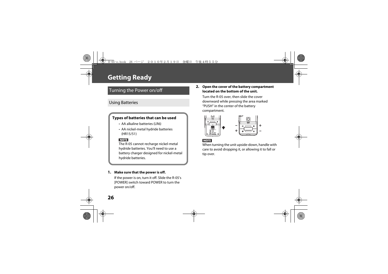 Getting ready, Turning the power on/off, Using batteries | Off (p. 26). with, P. 26) | Roland Edirol R-05 User Manual | Page 25 / 113