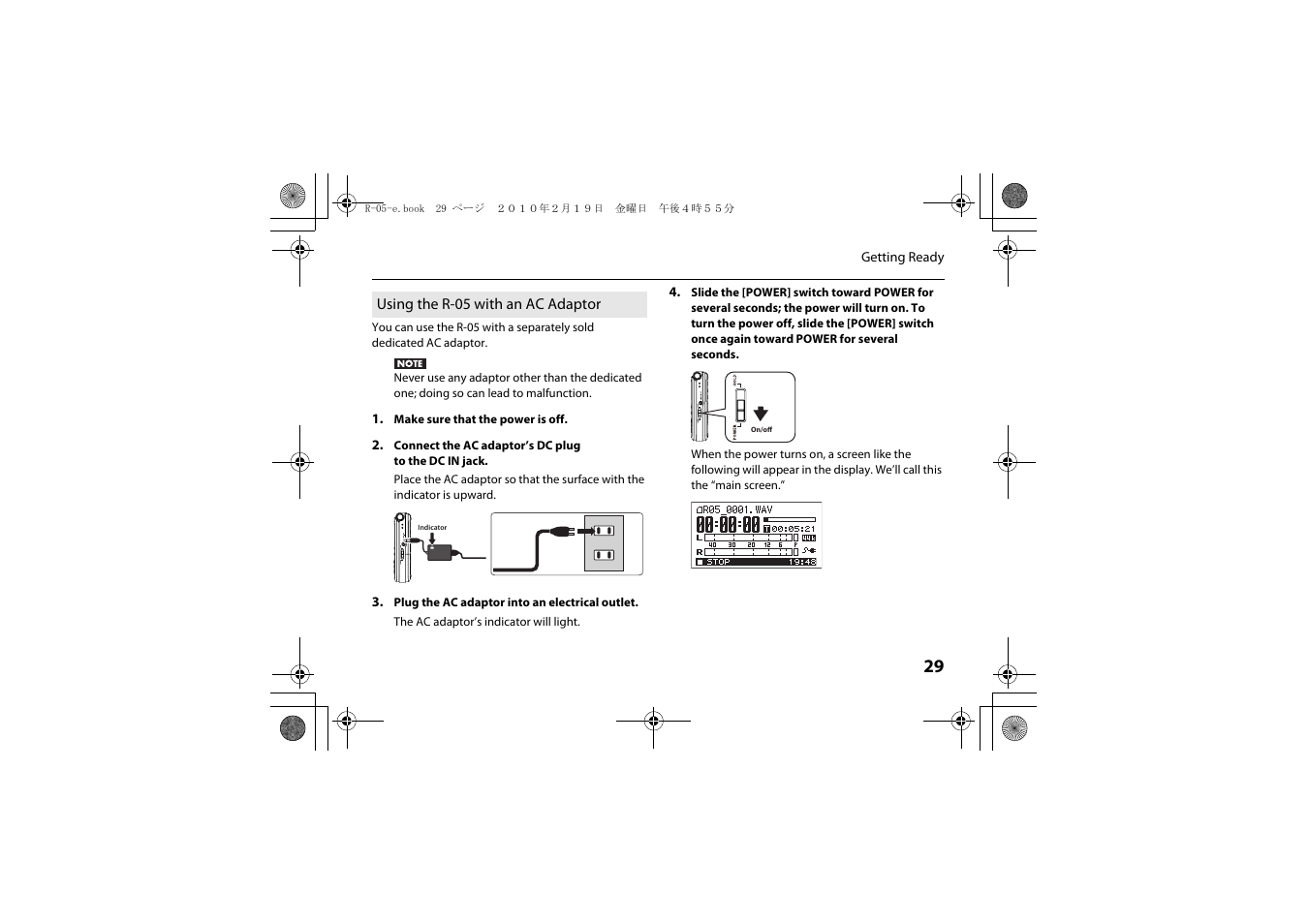 Using the r-05 with an ac adaptor, P. 29) | Roland Edirol R-05 User Manual | Page 28 / 113