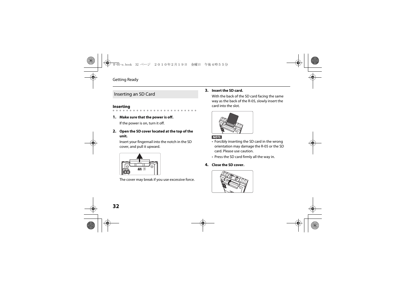 Inserting an sd card | Roland Edirol R-05 User Manual | Page 31 / 113
