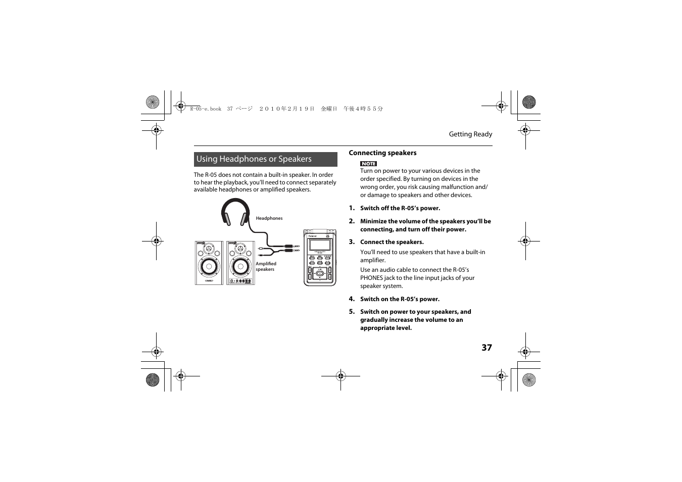 Using headphones or speakers, P. 37) | Roland Edirol R-05 User Manual | Page 36 / 113