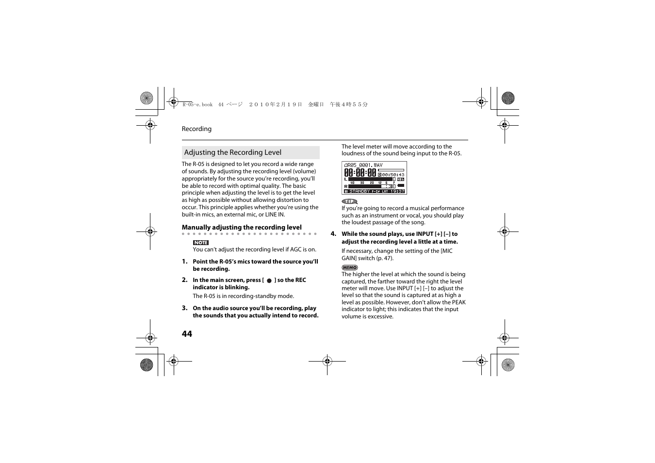 Adjusting the recording level, Adjusting the recording level” (p. 44), Cording (p. 44 | Roland Edirol R-05 User Manual | Page 43 / 113