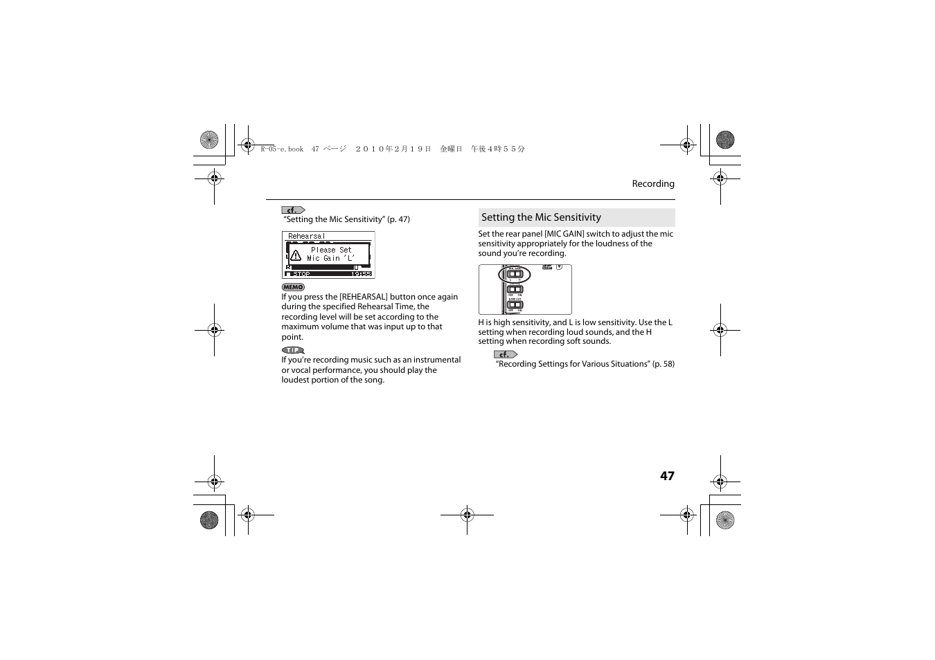 Setting the mic sensitivity, Input (p. 47) | Roland Edirol R-05 User Manual | Page 46 / 113