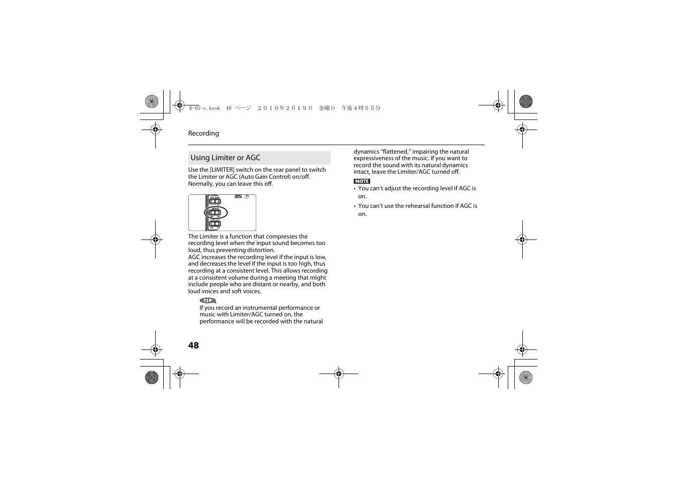 Using limiter or agc, Using limiter or agc” (p. 48) | Roland Edirol R-05 User Manual | Page 47 / 113