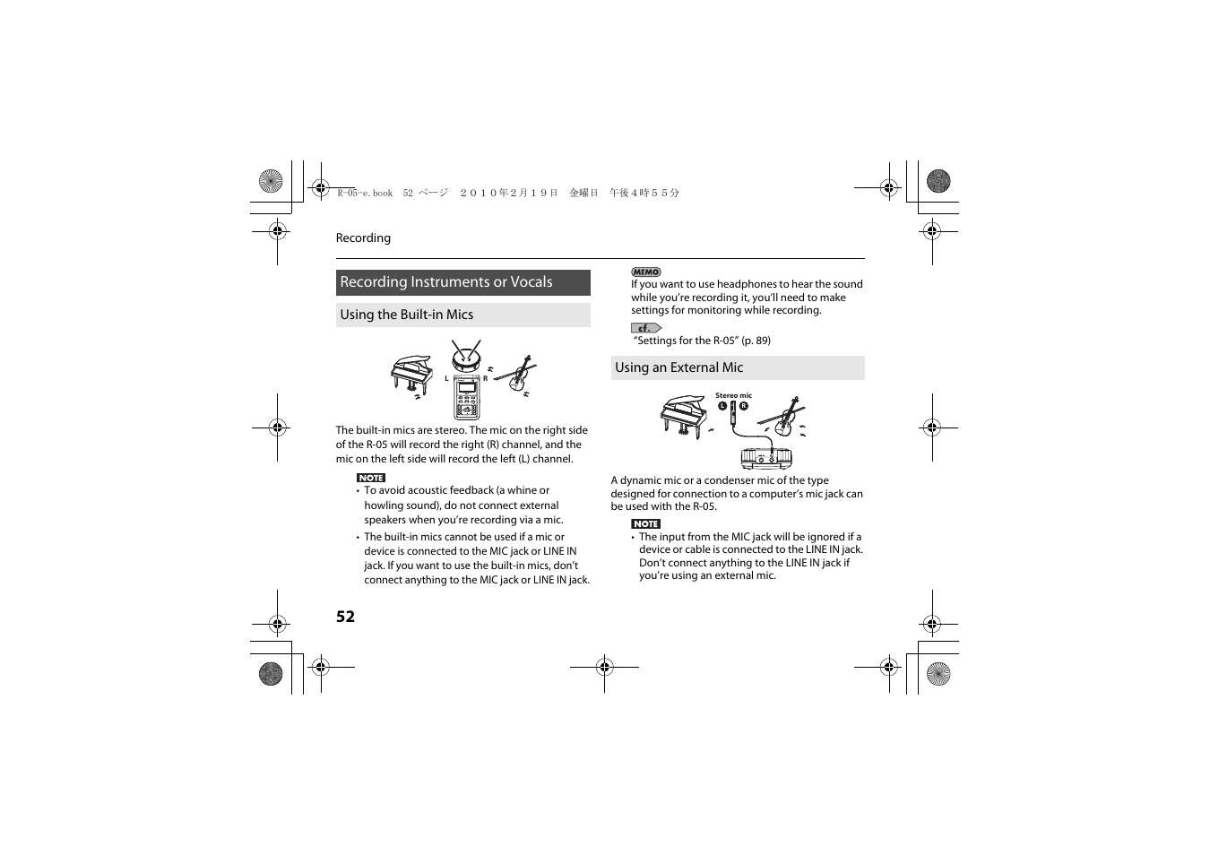 Recording instruments or vocals, Using the built-in mics, Using an external mic | Using the built-in mics using an external mic, P. 52 | Roland Edirol R-05 User Manual | Page 51 / 113