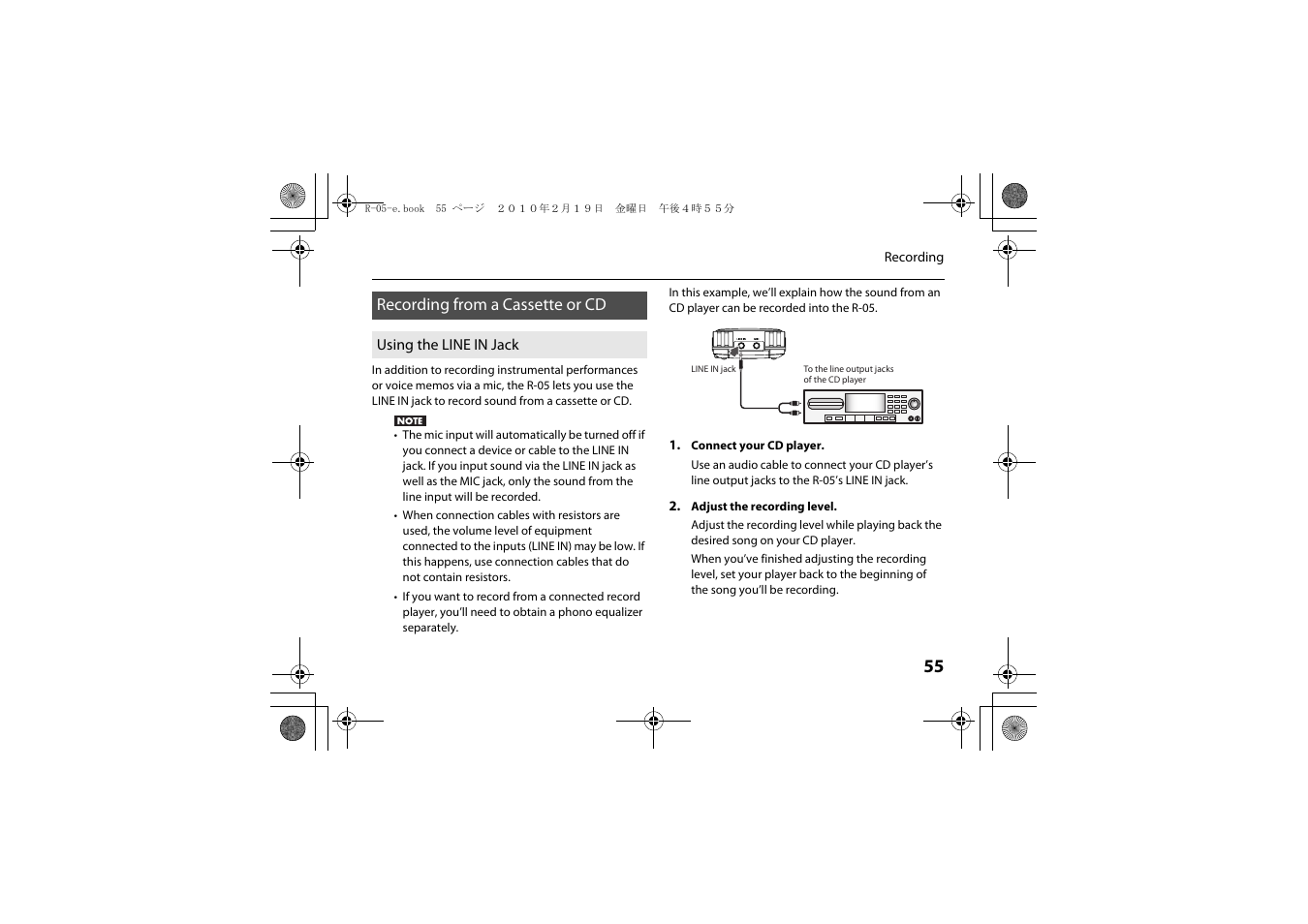 Recording from a cassette or cd, Using the line in jack | Roland Edirol R-05 User Manual | Page 54 / 113