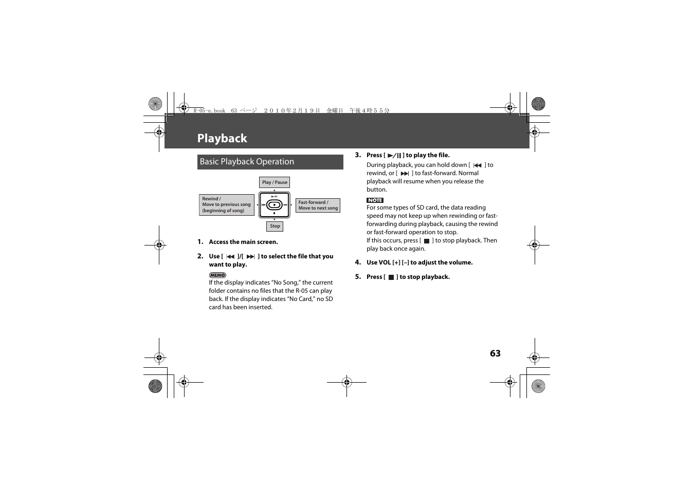 Playback, Basic playback operation, Playback” (p. 63) | Roland Edirol R-05 User Manual | Page 62 / 113