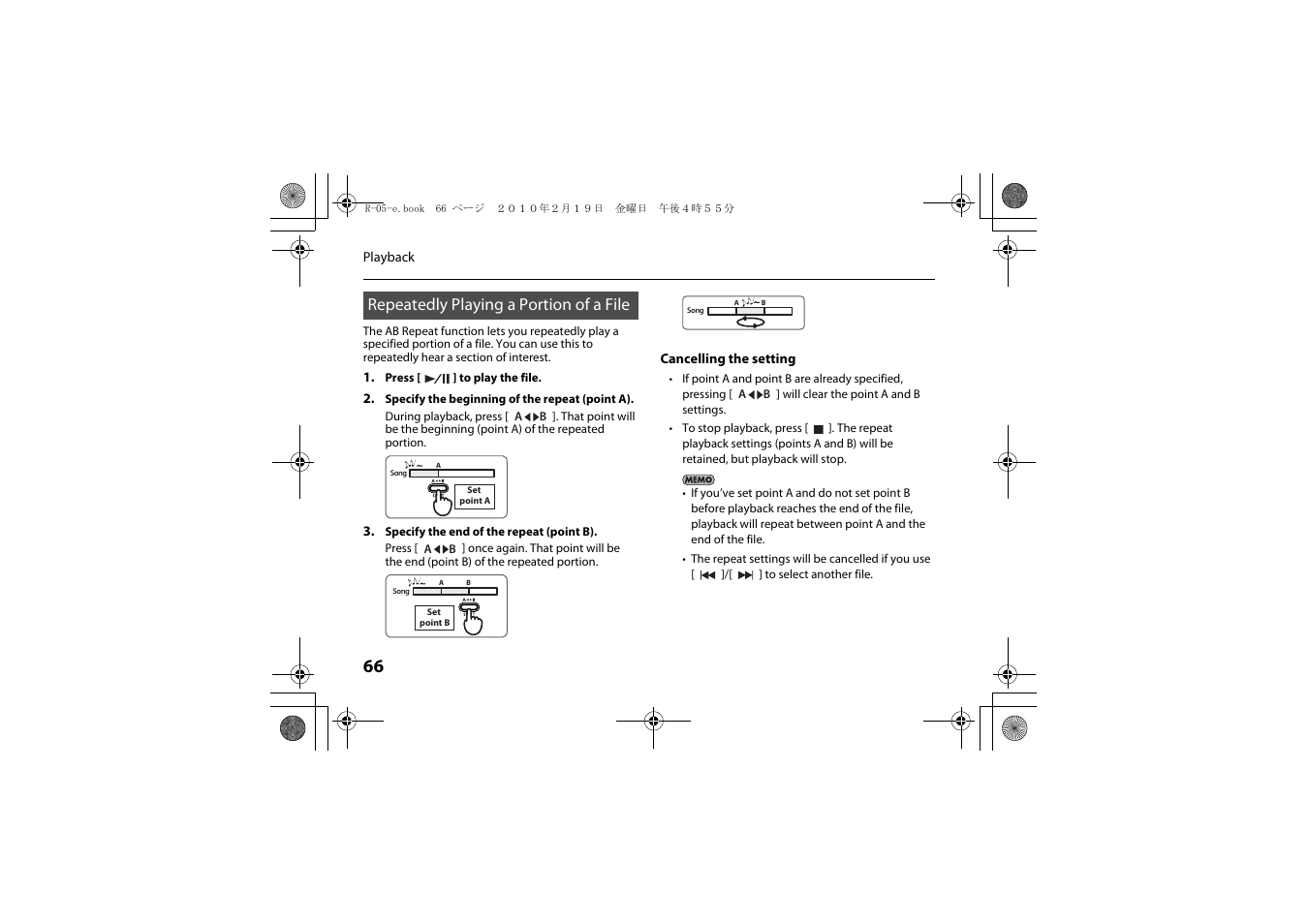 Repeatedly playing a portion of a file, Repeatedly playing a portion of a file” (p. 66) | Roland Edirol R-05 User Manual | Page 65 / 113