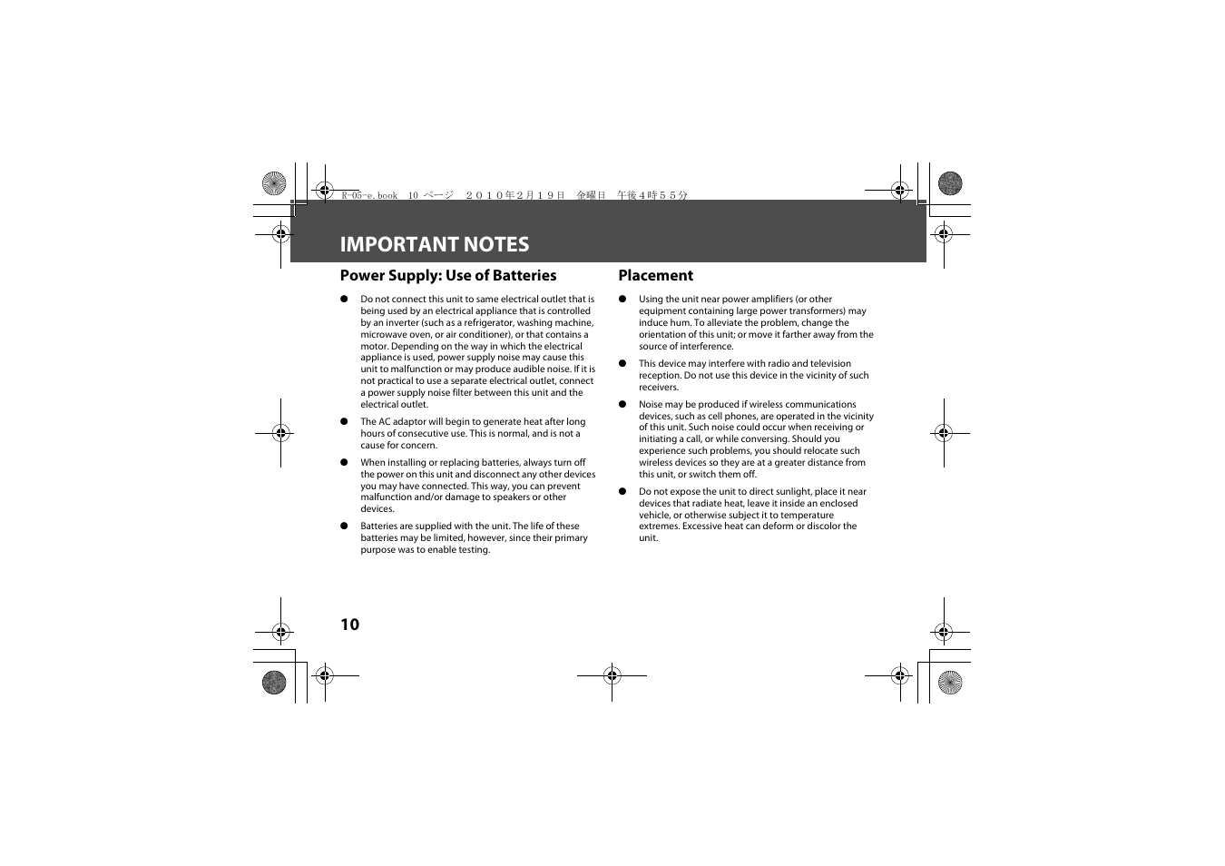 Important notes, Power supply: use of batteries, Placement | Roland Edirol R-05 User Manual | Page 9 / 113
