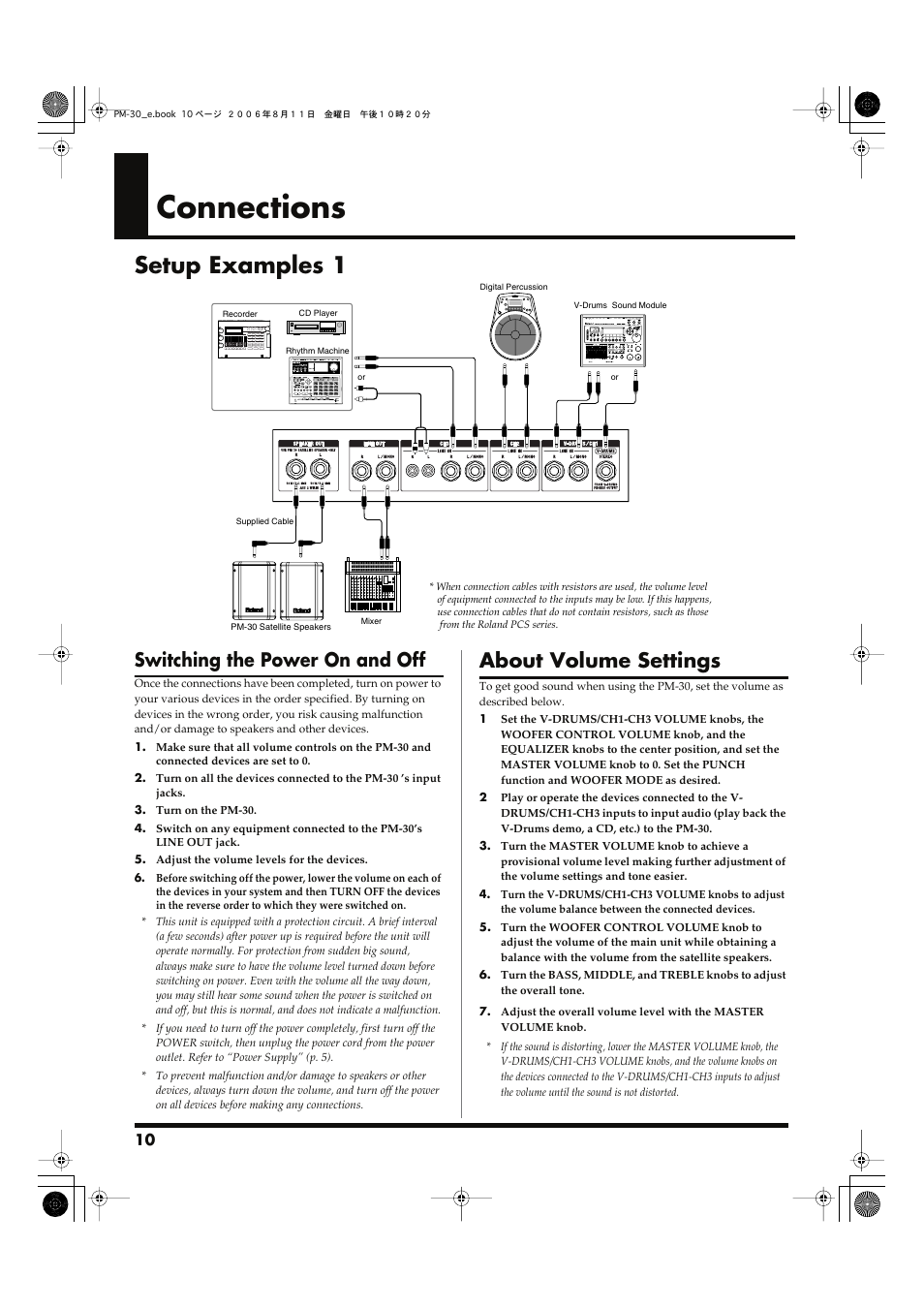 Connections, Setup examples 1, About volume settings | Switching the power on and off | Roland PM-30 User Manual | Page 10 / 16