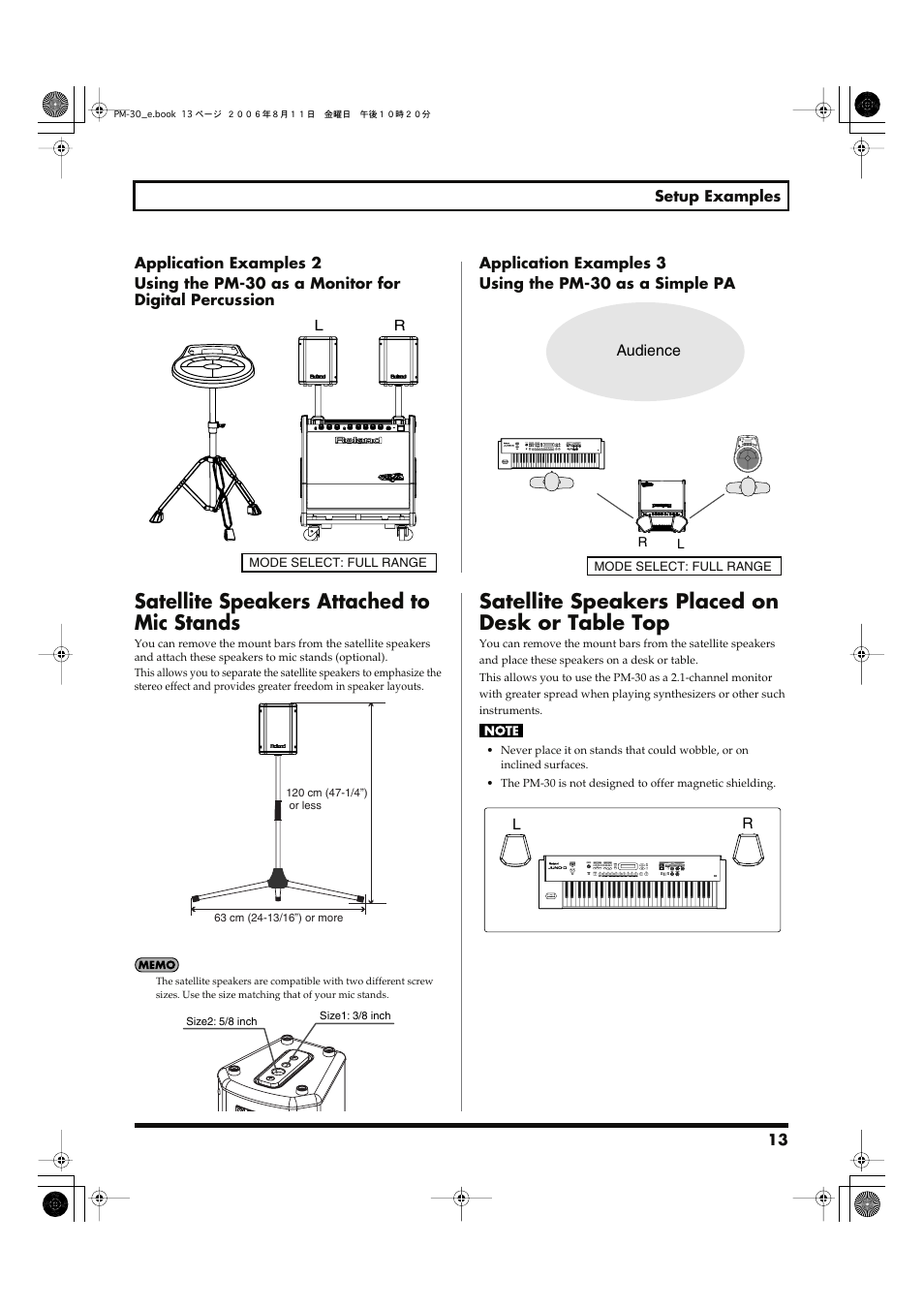 Satellite speakers attached to mic stands, Satellite speakers placed on desk or table top | Roland PM-30 User Manual | Page 13 / 16