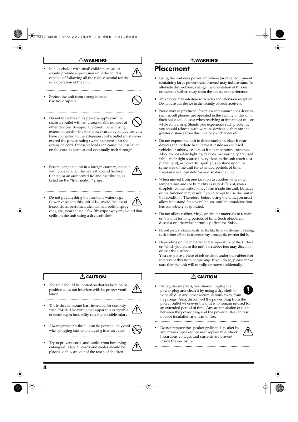 Placement | Roland PM-30 User Manual | Page 4 / 16