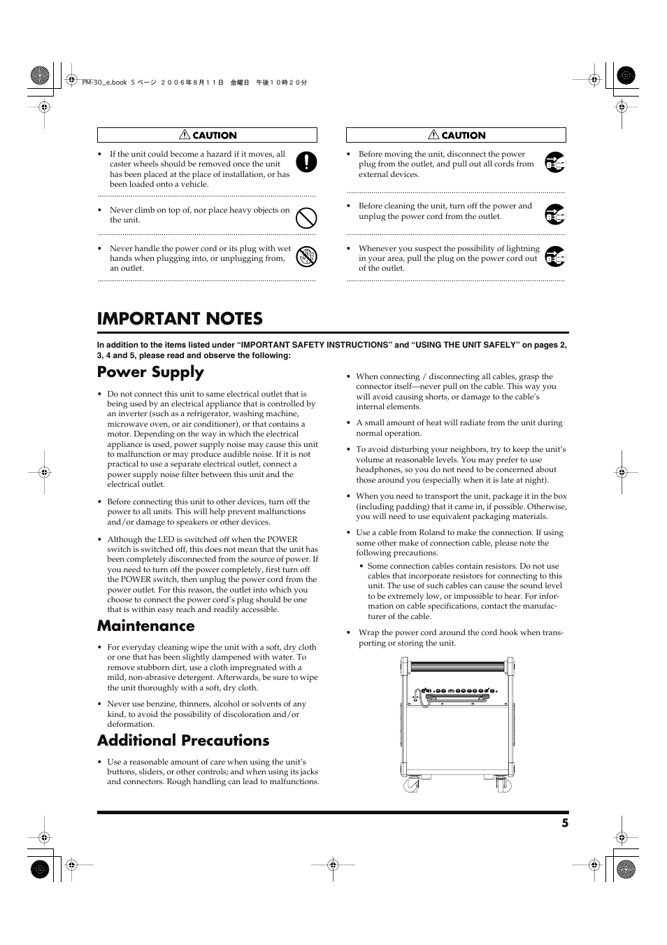 Power supply, Maintenance, Additional precautions | Roland PM-30 User Manual | Page 5 / 16