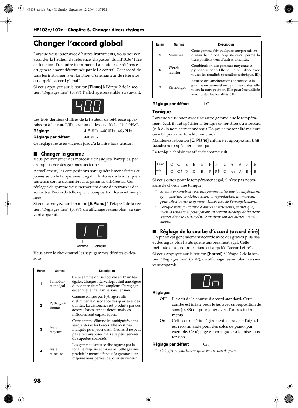 Changer l’accord global, Changer la gamme, Réglage de la courbe d’accord (accord étiré) | Roland HP103e User Manual | Page 100 / 224