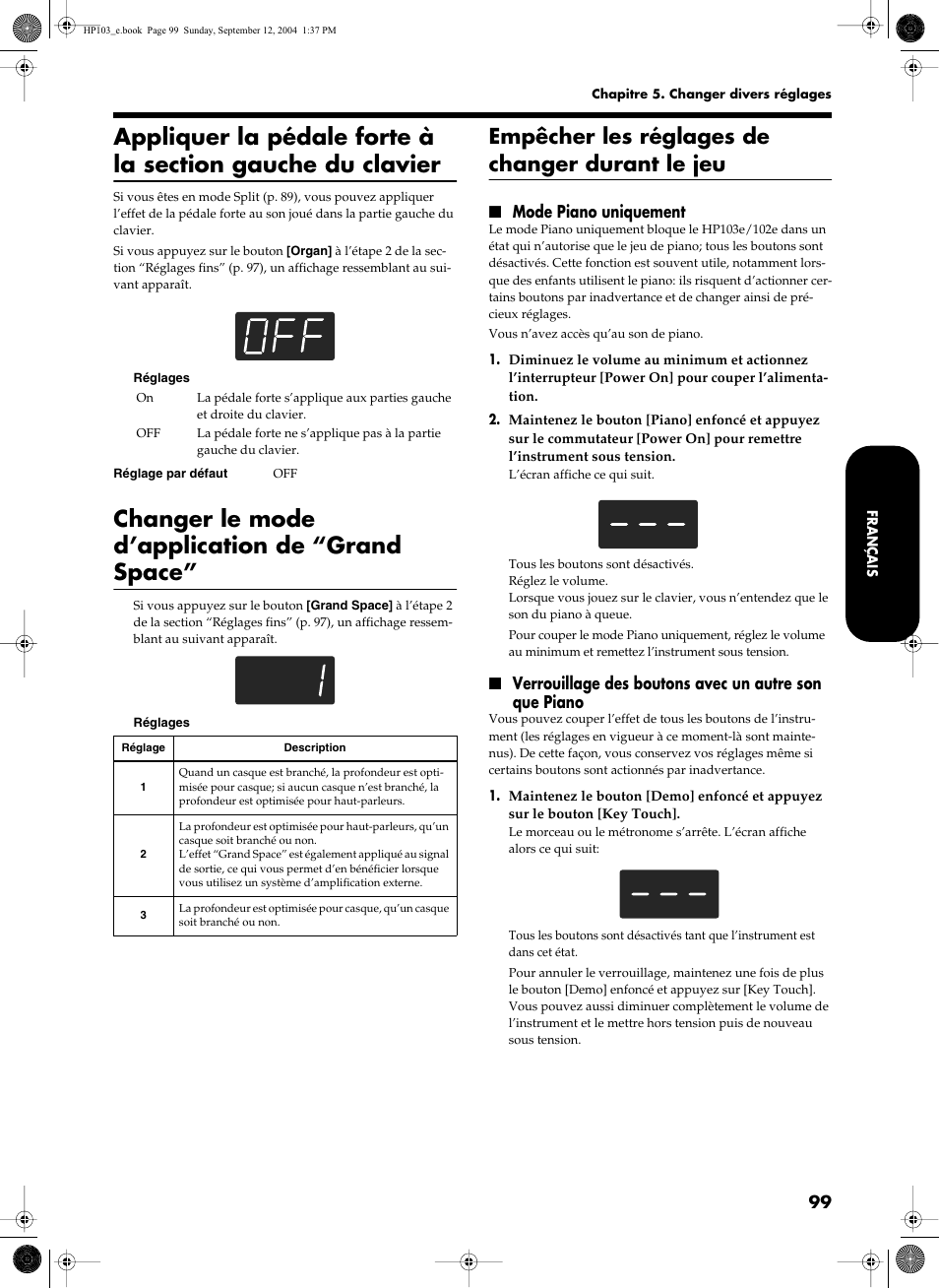 Changer le mode d’application de “grand space, Empêcher les réglages de changer durant le jeu, Mode piano uniquement | Roland HP103e User Manual | Page 101 / 224