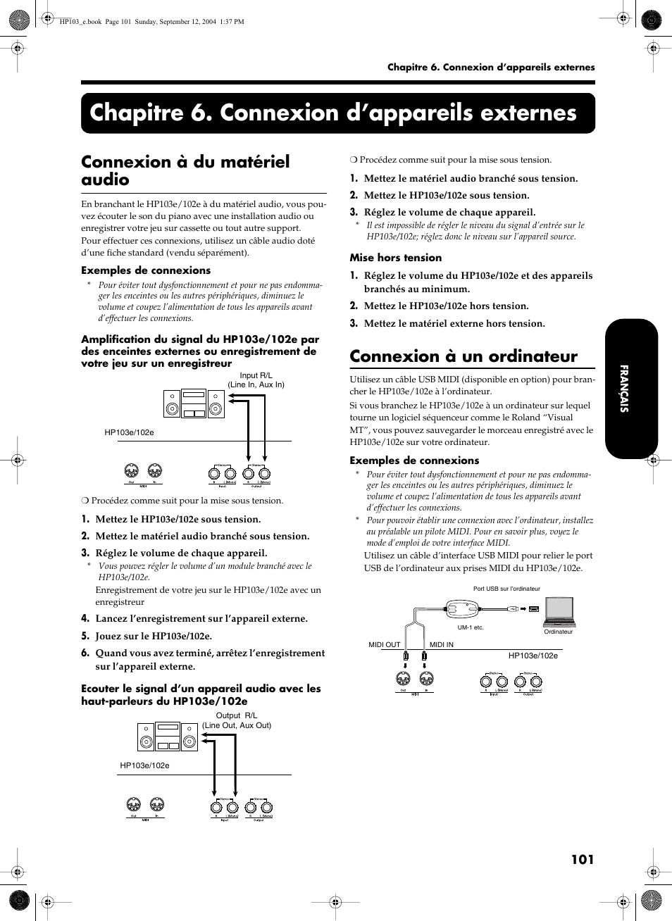 Chapitre 6. connexion d’appareils externes, Connexion à du matériel audio, Connexion à un ordinateur | Roland HP103e User Manual | Page 103 / 224