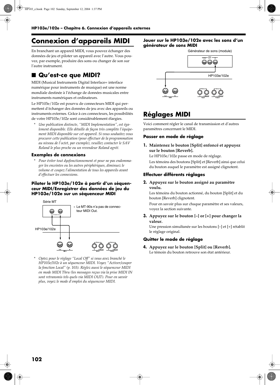 Connexion d’appareils midi, Réglages midi, Qu’est-ce que midi | Roland HP103e User Manual | Page 104 / 224