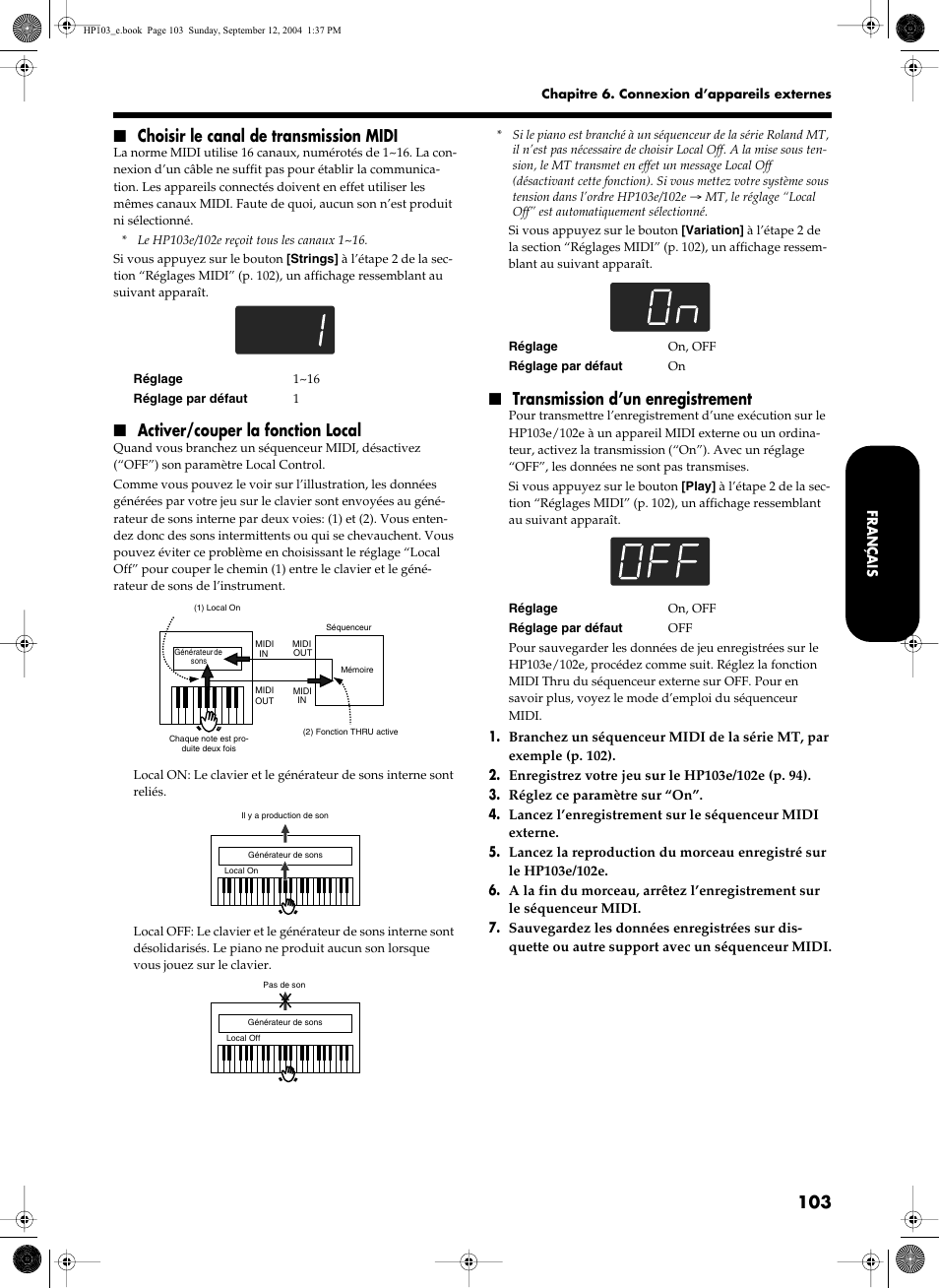 Choisir le canal de transmission midi, Activer/couper la fonction local, Transmission d’un enregistrement | Roland HP103e User Manual | Page 105 / 224