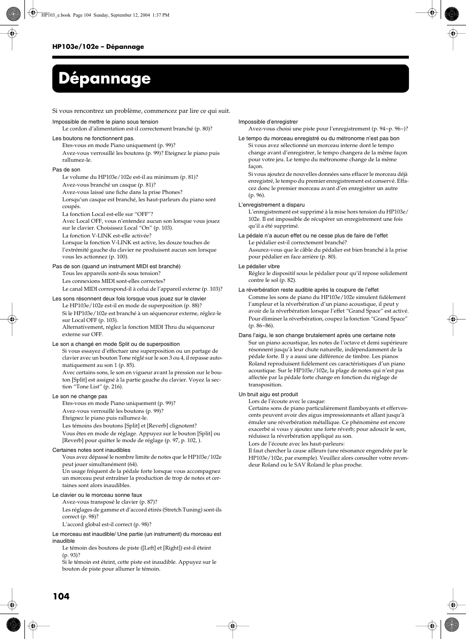 Dépannage | Roland HP103e User Manual | Page 106 / 224