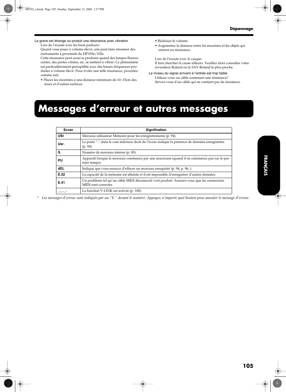 Messages d’erreur et autres messages | Roland HP103e User Manual | Page 107 / 224