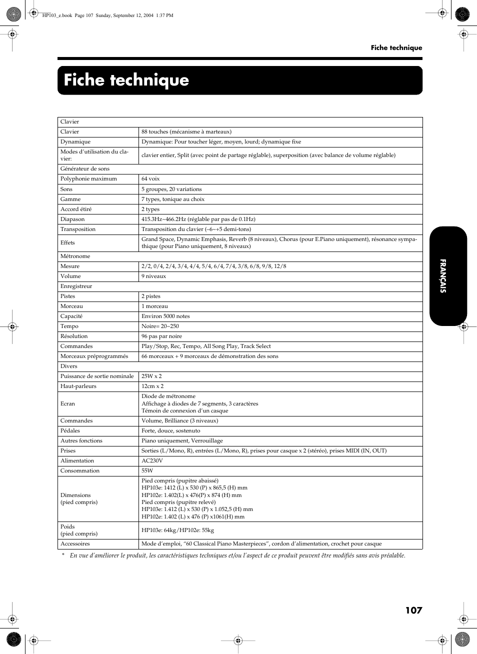 Fiche technique | Roland HP103e User Manual | Page 109 / 224