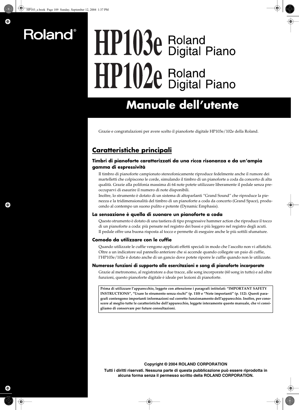 Manuale dell’utente, Caratteristiche principali | Roland HP103e User Manual | Page 111 / 224