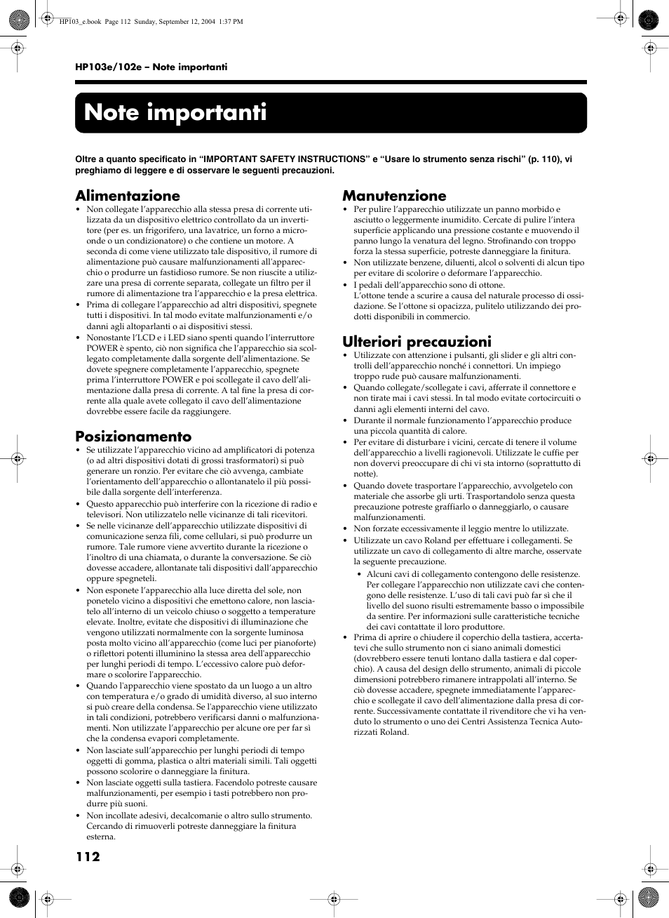 Alimentazione, Posizionamento, Manutenzione | Ulteriori precauzioni | Roland HP103e User Manual | Page 114 / 224