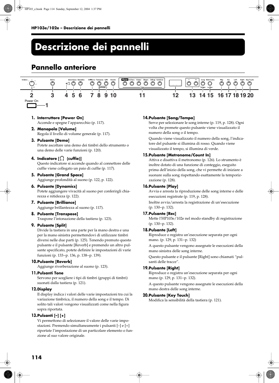 Descrizione dei pannelli, Pannello anteriore | Roland HP103e User Manual | Page 116 / 224