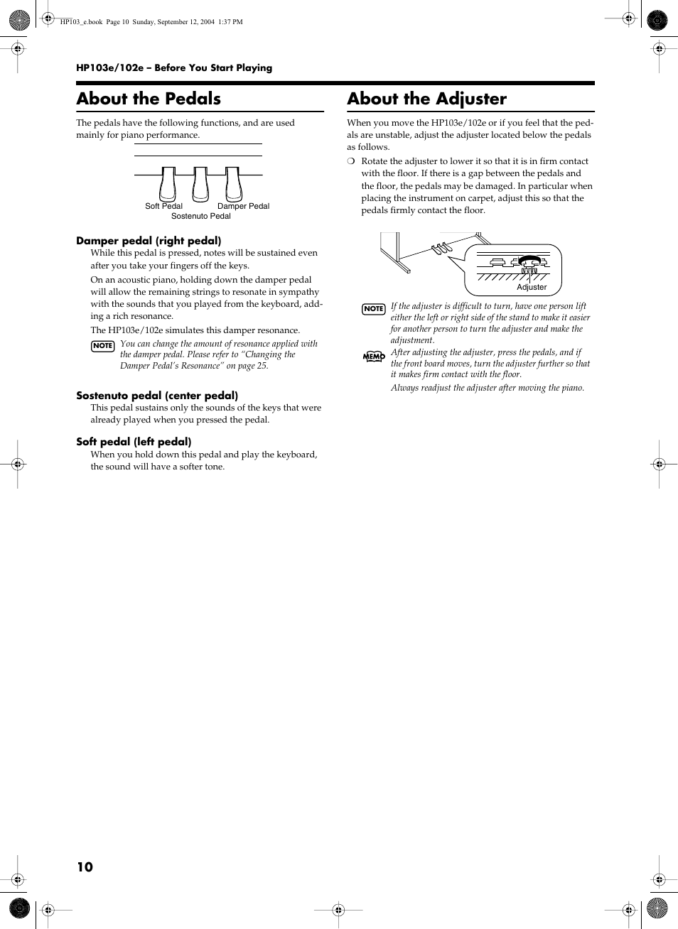 About the pedals, About the adjuster | Roland HP103e User Manual | Page 12 / 224