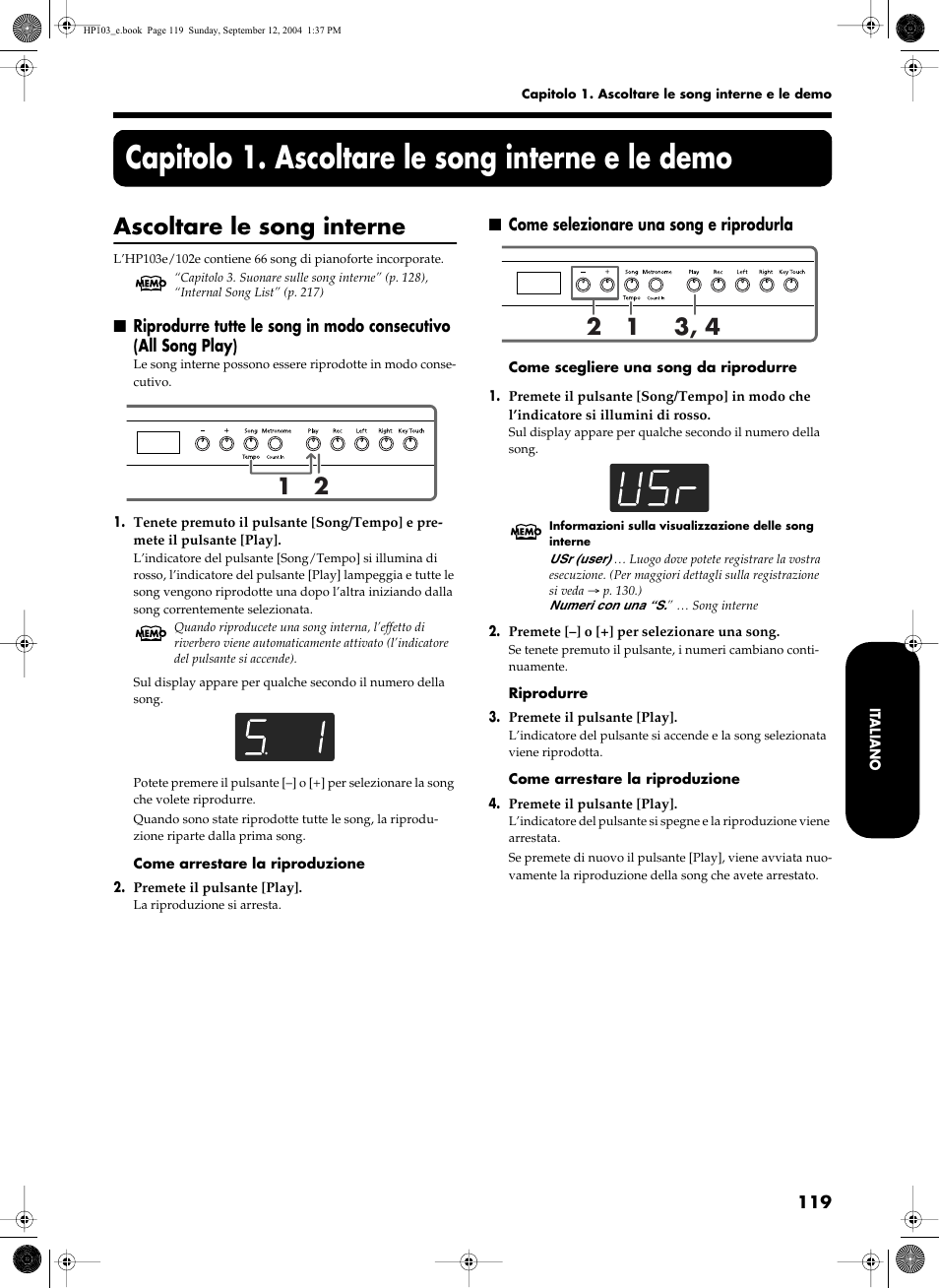 Capitolo 1. ascoltare le song interne e le demo, Ascoltare le song interne | Roland HP103e User Manual | Page 121 / 224