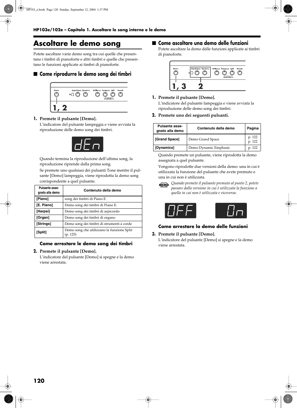 Ascoltare le demo song, Come riprodurre le demo song dei timbri, Come ascoltare una demo delle funzioni | Roland HP103e User Manual | Page 122 / 224