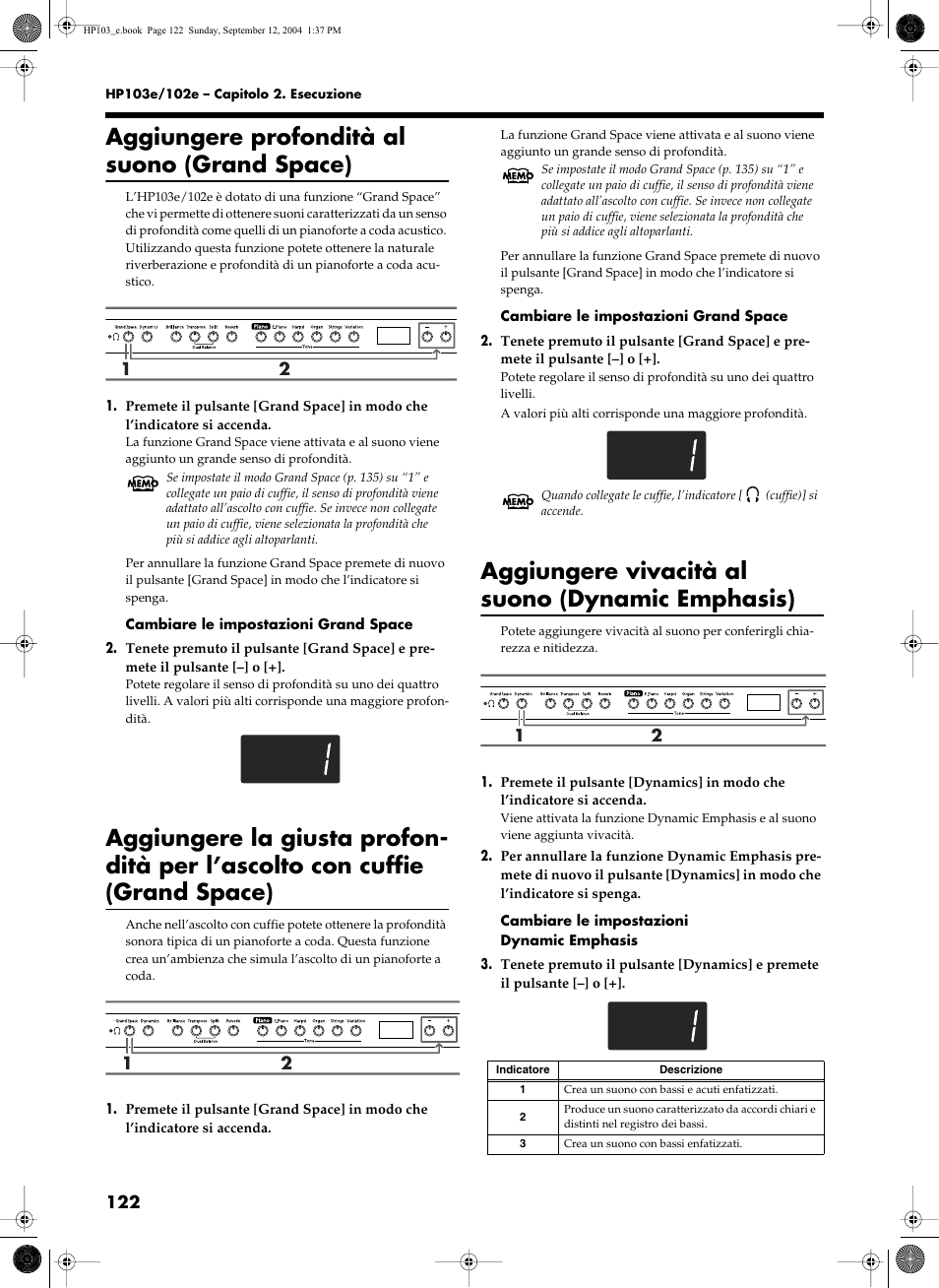 Aggiungere profondità al suono (grand space), Aggiungere vivacità al suono (dynamic emphasis) | Roland HP103e User Manual | Page 124 / 224