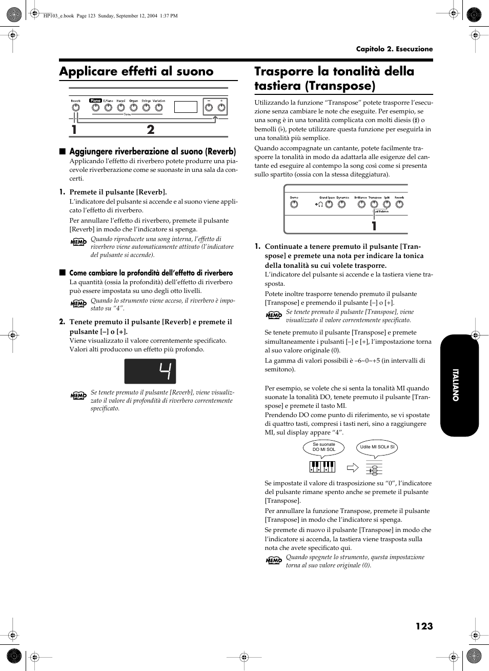 Applicare effetti al suono, Trasporre la tonalità della tastiera (transpose) | Roland HP103e User Manual | Page 125 / 224