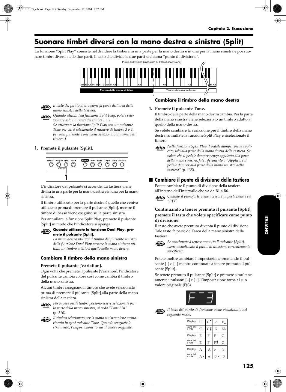 Cambiare il punto di divisione della tastiera | Roland HP103e User Manual | Page 127 / 224