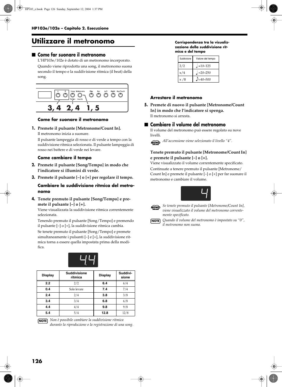 Utilizzare il metronomo, Come far suonare il metronomo, Cambiare il volume del metronomo | Roland HP103e User Manual | Page 128 / 224