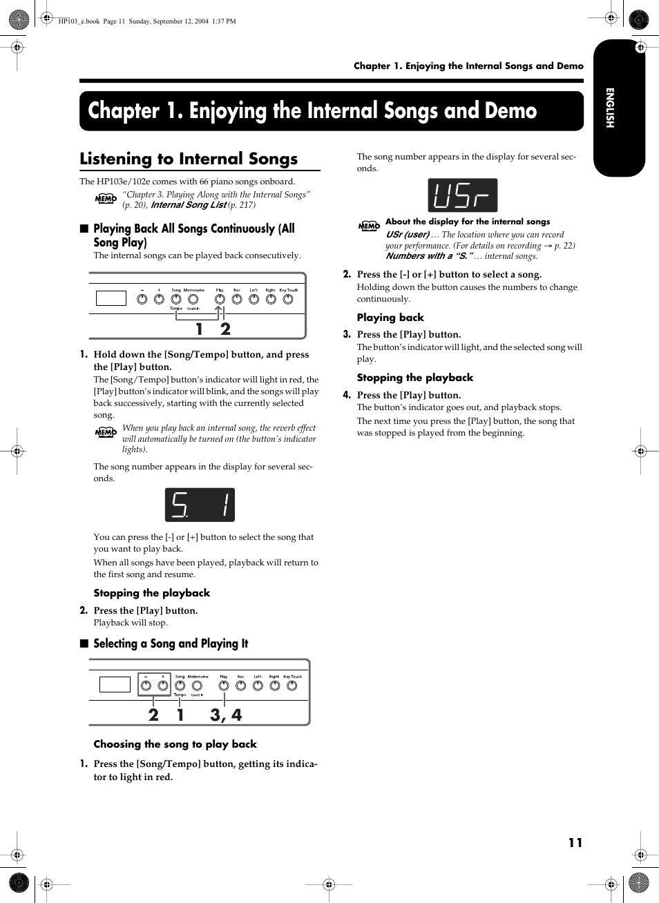 Chapter 1. enjoying the internal songs and demo, Listening to internal songs | Roland HP103e User Manual | Page 13 / 224