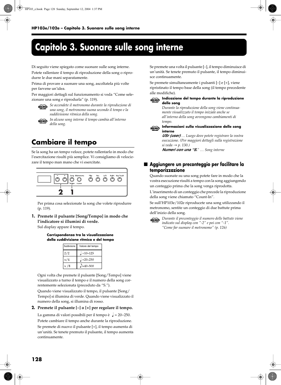 Capitolo 3. suonare sulle song interne, Cambiare il tempo | Roland HP103e User Manual | Page 130 / 224