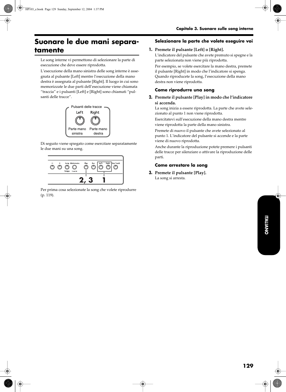 Suonare le due mani separa- tamente | Roland HP103e User Manual | Page 131 / 224