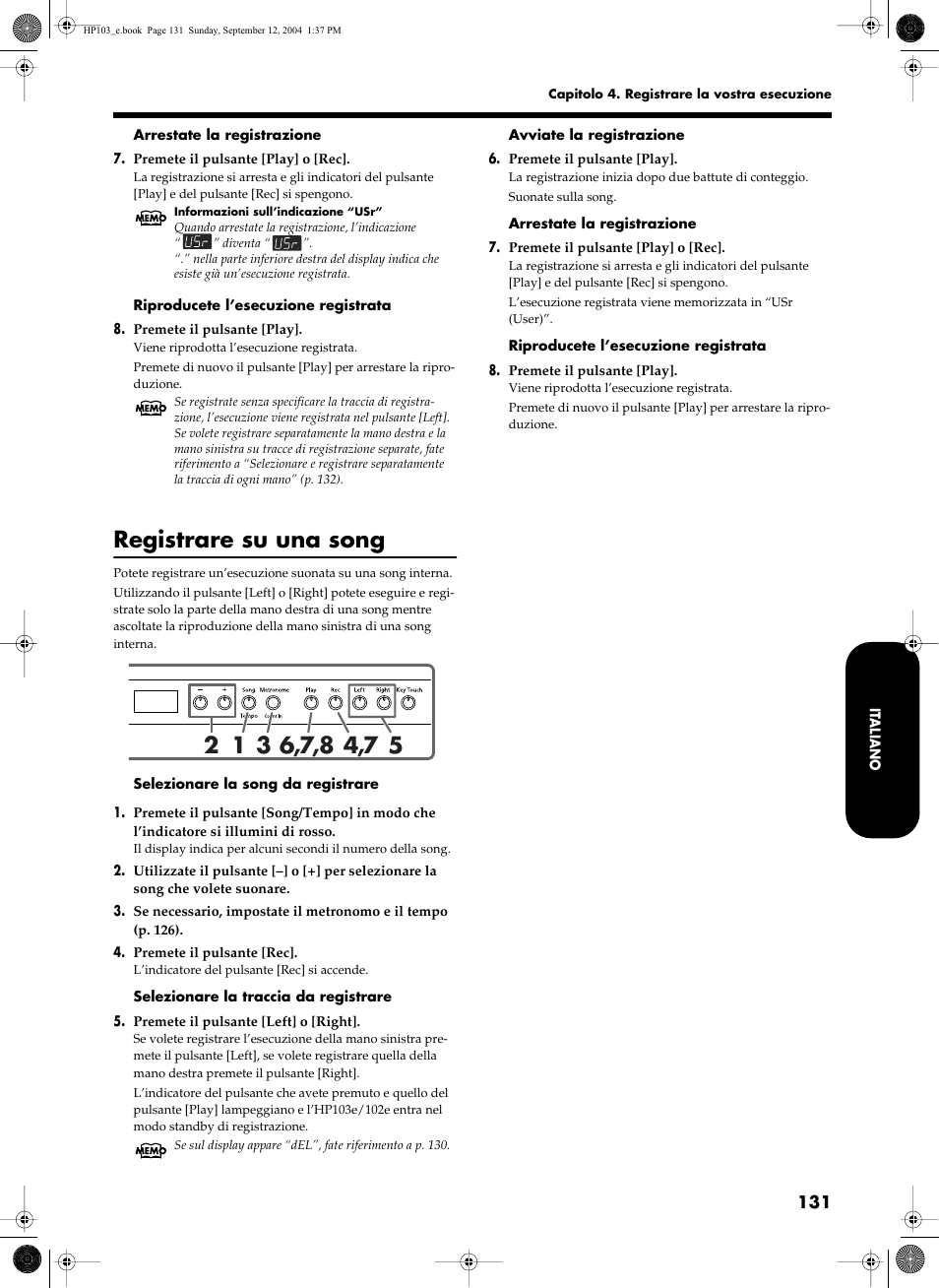 Registrare su una song | Roland HP103e User Manual | Page 133 / 224