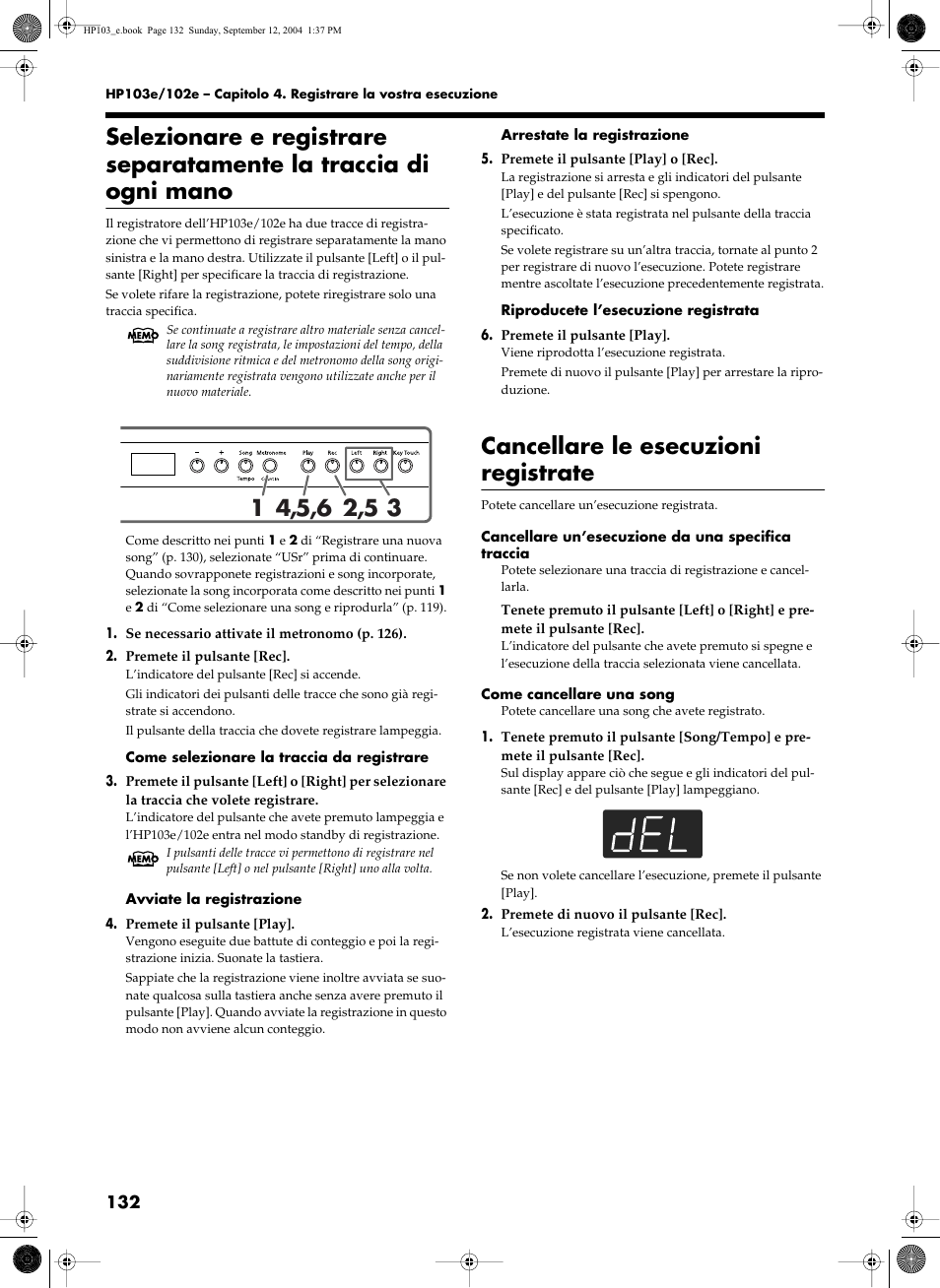 Cancellare le esecuzioni registrate | Roland HP103e User Manual | Page 134 / 224