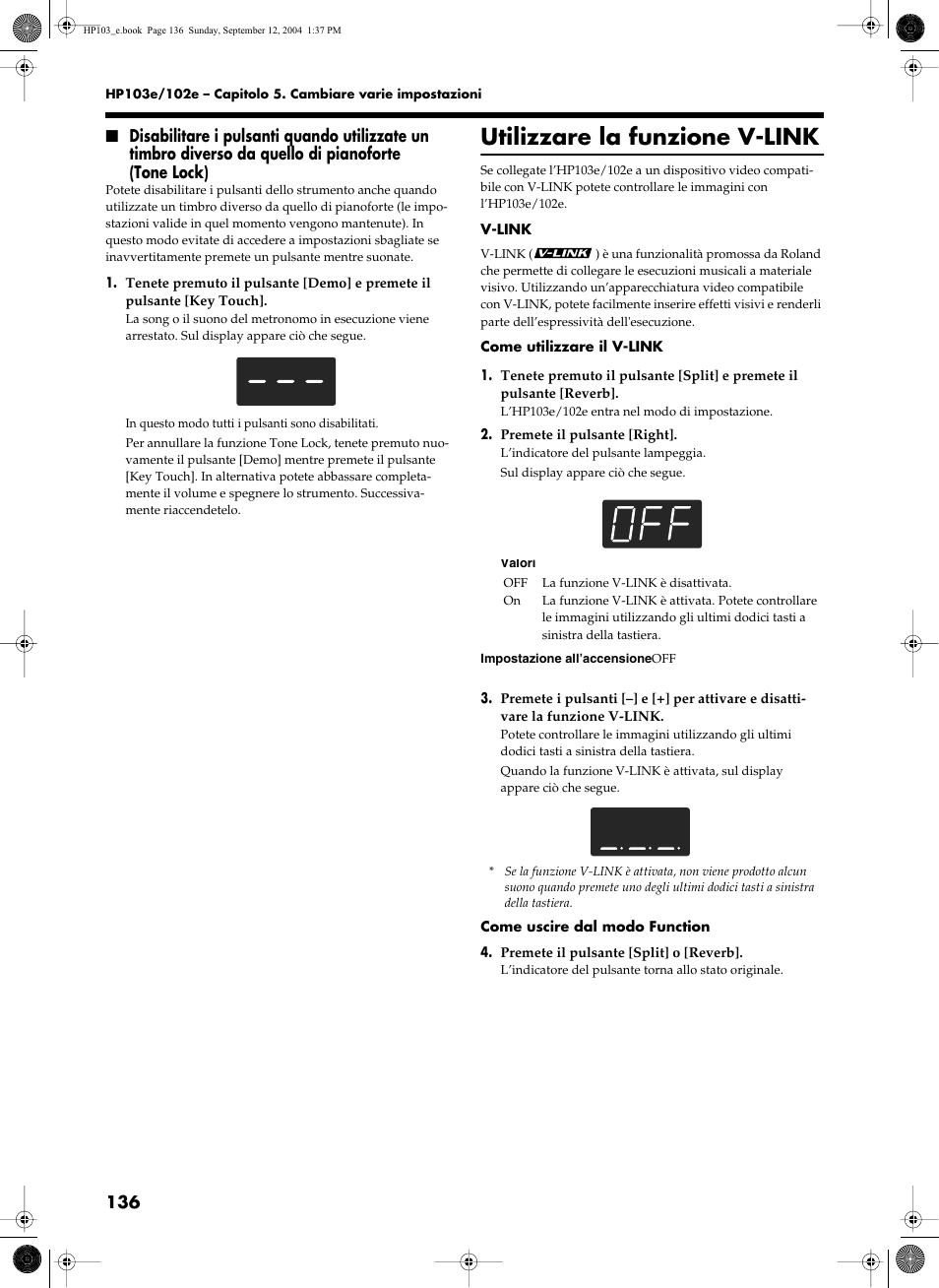 Utilizzare la funzione v-link | Roland HP103e User Manual | Page 138 / 224