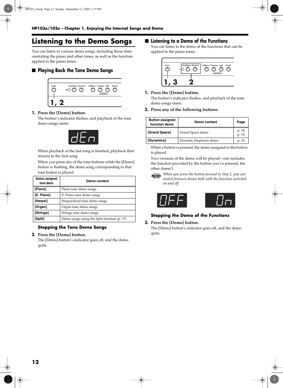 Listening to the demo songs, Playing back the tone demo songs, Listening to a demo of the functions | Roland HP103e User Manual | Page 14 / 224