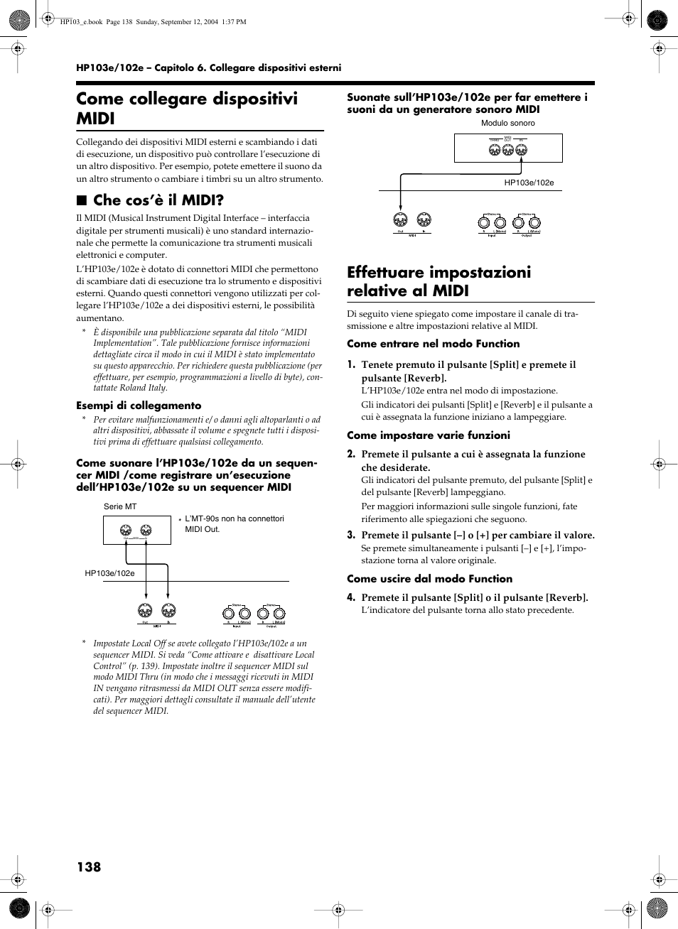 Come collegare dispositivi midi, Effettuare impostazioni relative al midi, Che cos’è il midi | Roland HP103e User Manual | Page 140 / 224