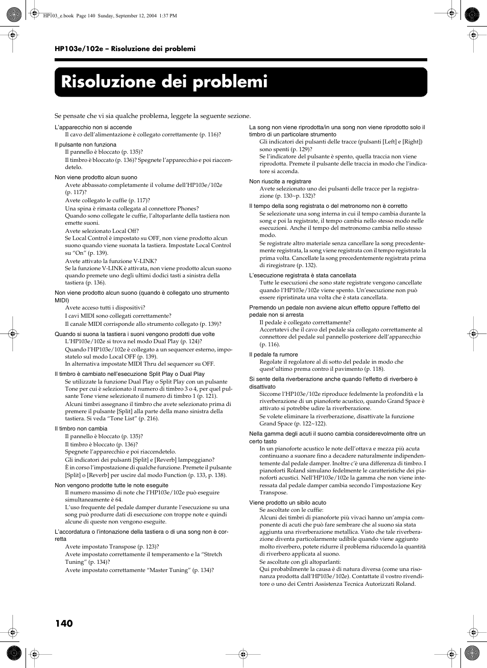 Risoluzione dei problemi | Roland HP103e User Manual | Page 142 / 224