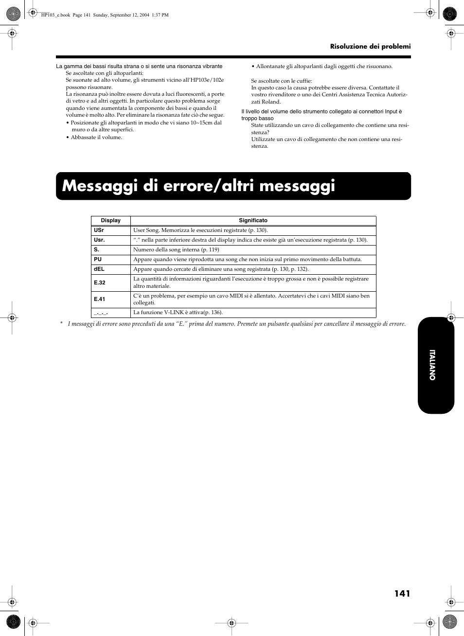 Messaggi di errore/altri messaggi | Roland HP103e User Manual | Page 143 / 224