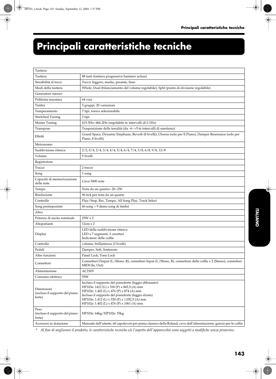 Principali caratteristiche tecniche | Roland HP103e User Manual | Page 145 / 224