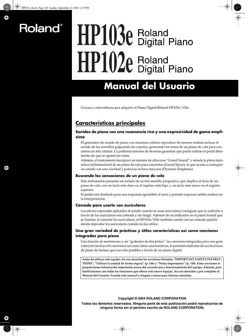 Manual del usuario, Características principales | Roland HP103e User Manual | Page 147 / 224