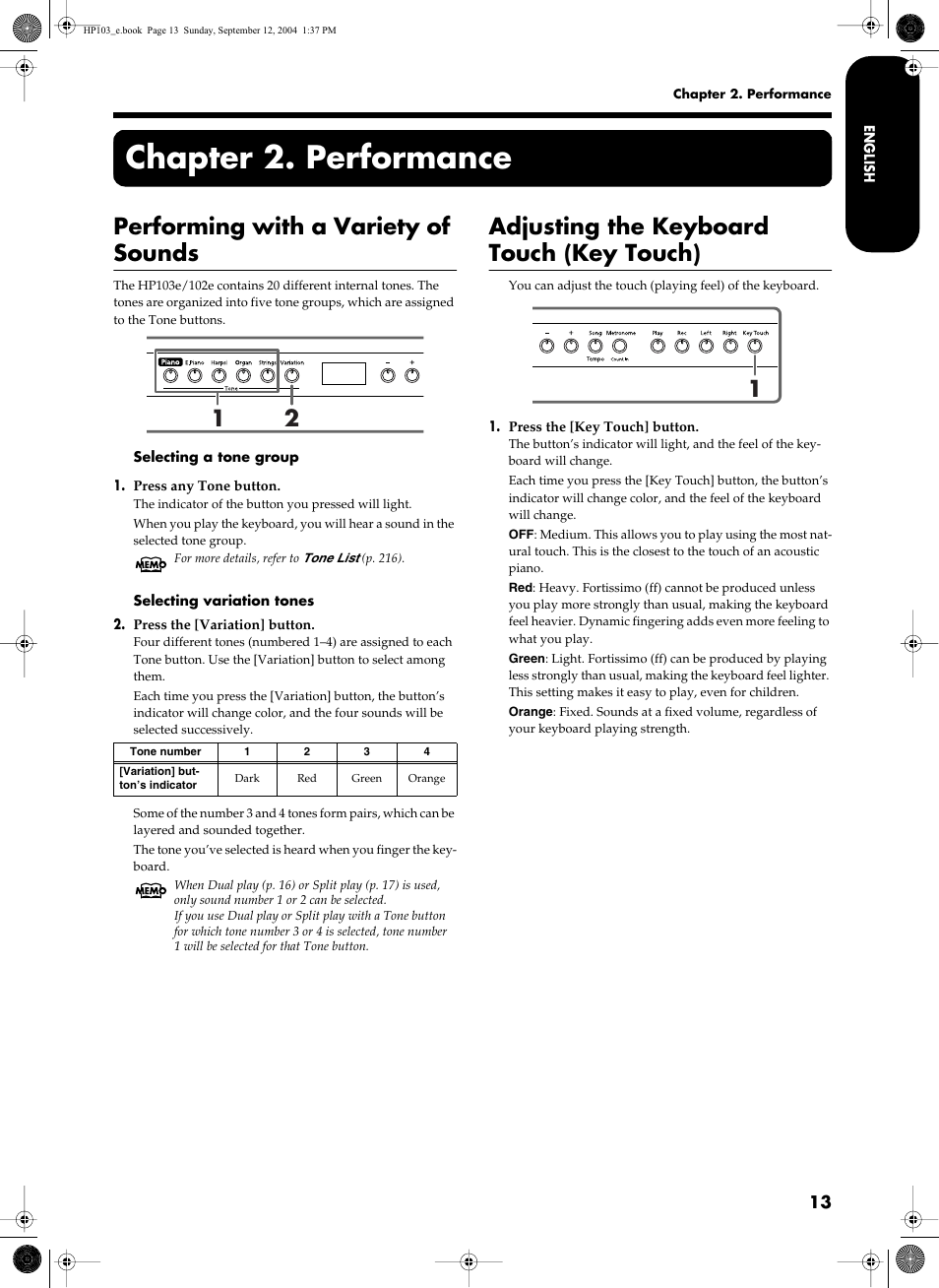 Chapter 2. performance, Performing with a variety of sounds, Adjusting the keyboard touch (key touch) | Roland HP103e User Manual | Page 15 / 224