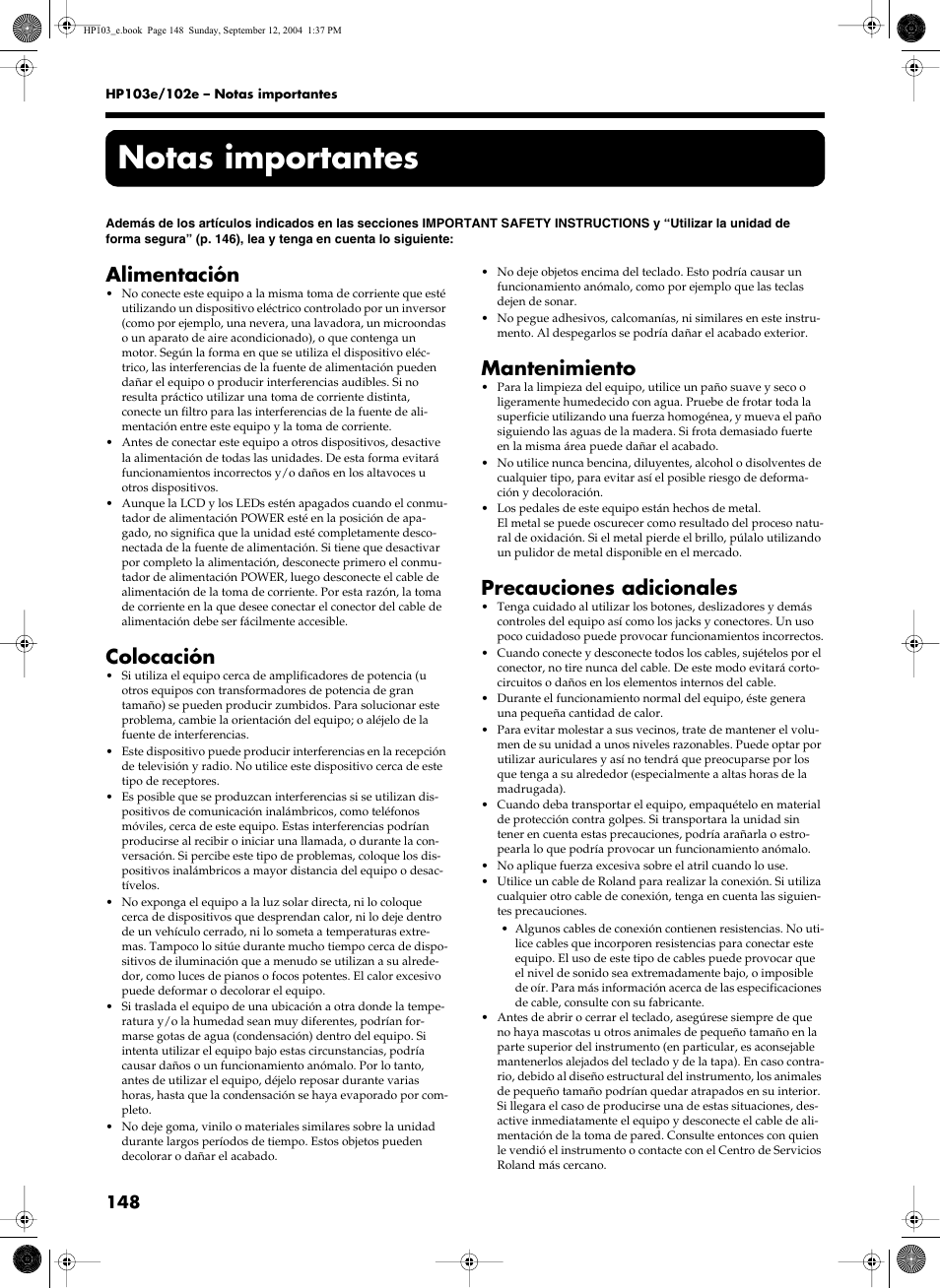 Notas importantes, Alimentación, Colocación | Mantenimiento, Precauciones adicionales | Roland HP103e User Manual | Page 150 / 224