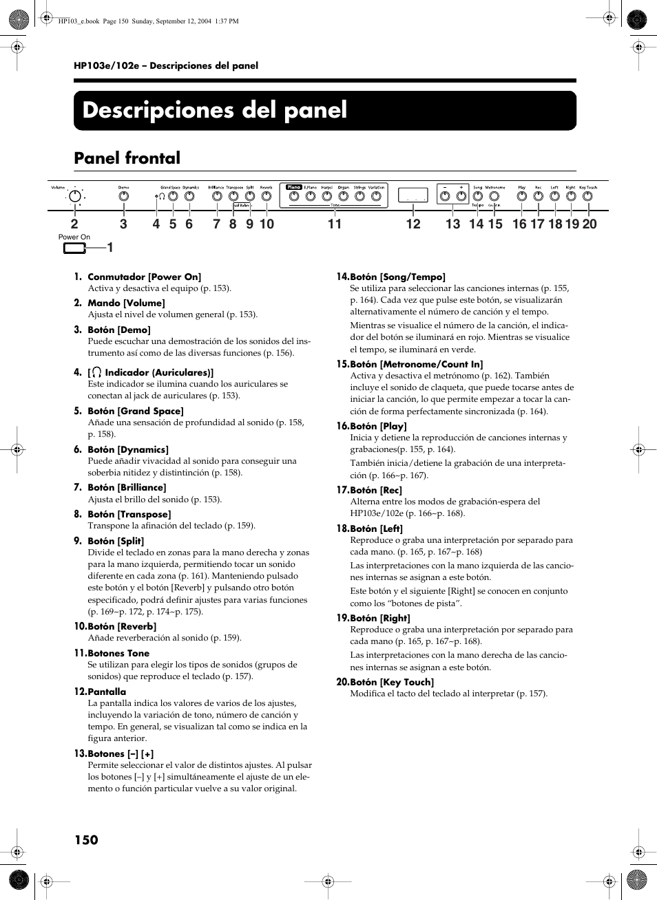 Descripciones del panel, Panel frontal | Roland HP103e User Manual | Page 152 / 224